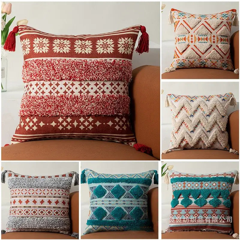 Red and cream patterned boho fringe pillow cover with textured layered fabric and tassels for decorbites boho fringe decor