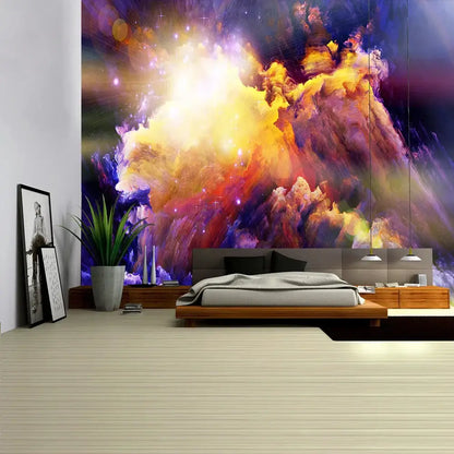Bohobites galaxy psychedelic space tapestry features a vibrant cosmic nebula mural in yellow purple and orange for wall decor