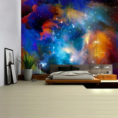 Boho galaxy psychedelic space tapestry with vibrant blue orange and purple cosmic nebula for bedroom wall decorbites galaxy psychedelic decor