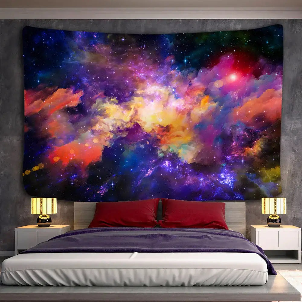 Vibrant boho galaxy psychedelic tapestry with swirling purple pink orange and blue hues for cosmic wall decor