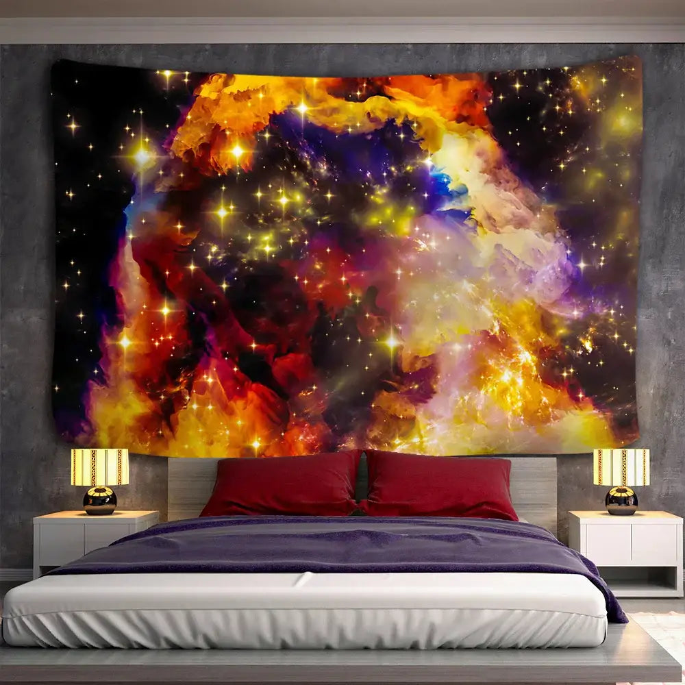 Vibrant boho galaxy psychedelic space tapestry with swirling orange purple and gold hues for bedroom wall decorbites galaxy psychedelic decor