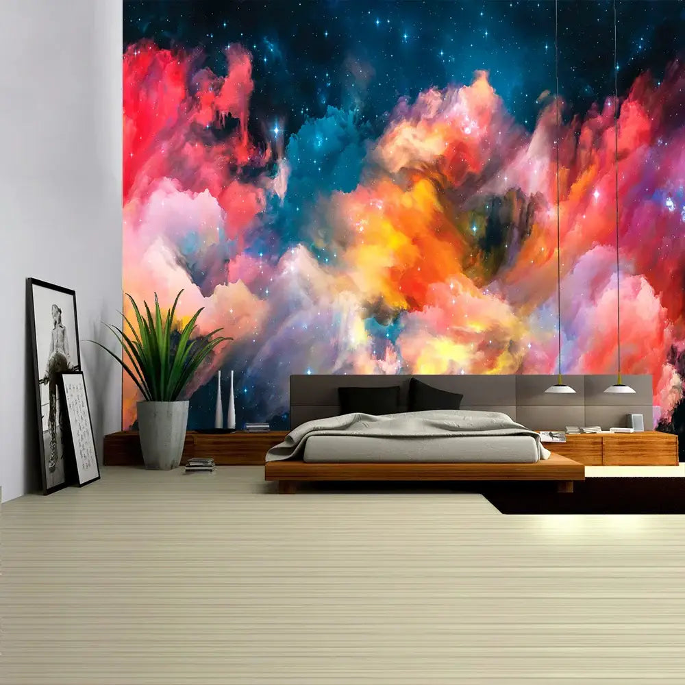 Bohob galaxy psychedelic cosmic wall decor with vibrant swirling red orange blue and pink hues starry night sky tapestry