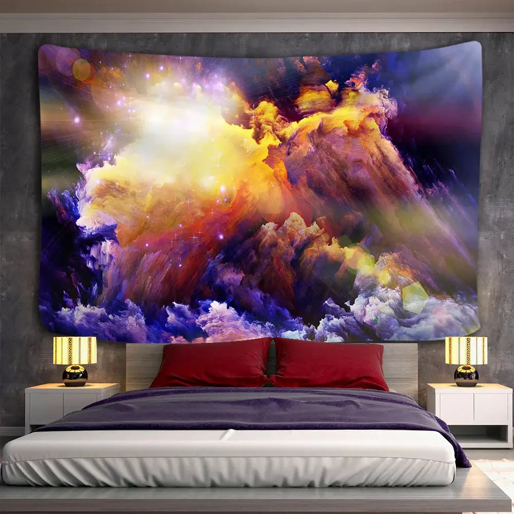 Vibrant boho galaxy psychedelic tapestry with swirling purple yellow and orange hues for cosmic wall decorbites galaxy psychedelic space