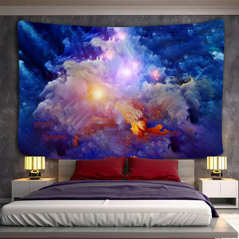 Vibrant decorbites galaxy psychedelic space tapestry with swirling blues purples and fiery oranges above bed