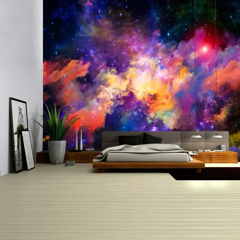 Boho galaxy psychedelic space tapestry with vibrant purple pink orange and blue cosmic nebula for bedroom decorbites galaxy psychedelic decor