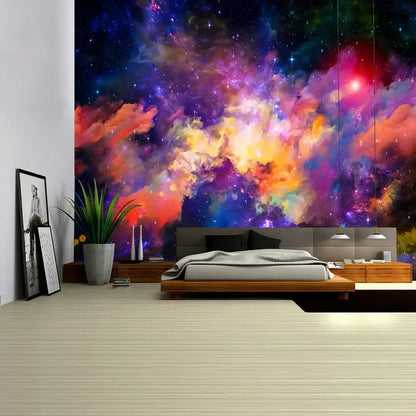 Boho galaxy psychedelic space tapestry with vibrant purple pink orange and blue cosmic nebula for bedroom decorbites galaxy psychedelic decor