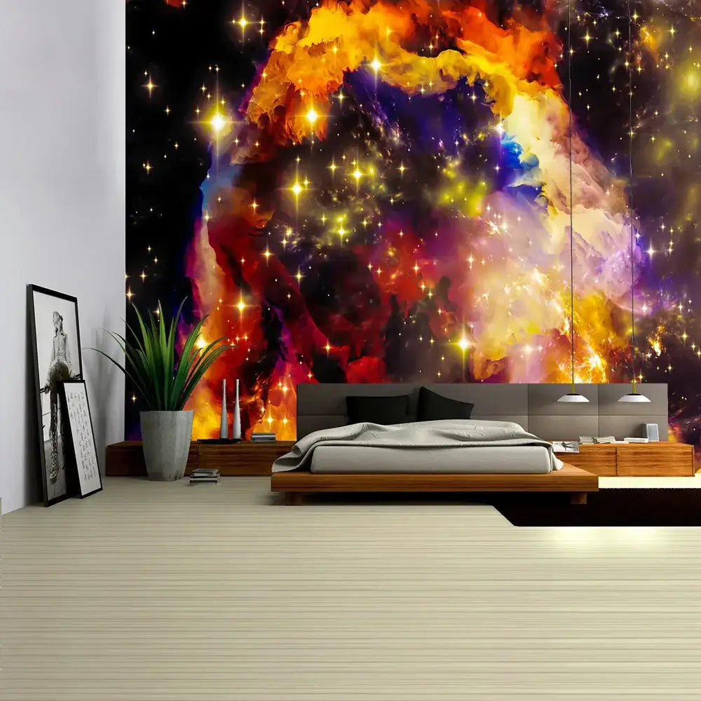 Vibrant boho galaxy psychedelic space tapestry with swirling orange purple red and yellow hues for cosmic wall decor
