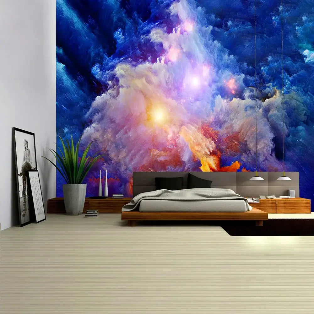 Vibrant boho galaxy psychedelic space tapestry with swirling blues purples pinks and oranges for cosmic wall decor