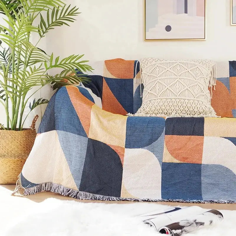 Boho geo ethnic throw blanket with geometric blue orange cream pattern and fringed edge for living room decorbites throw blanket