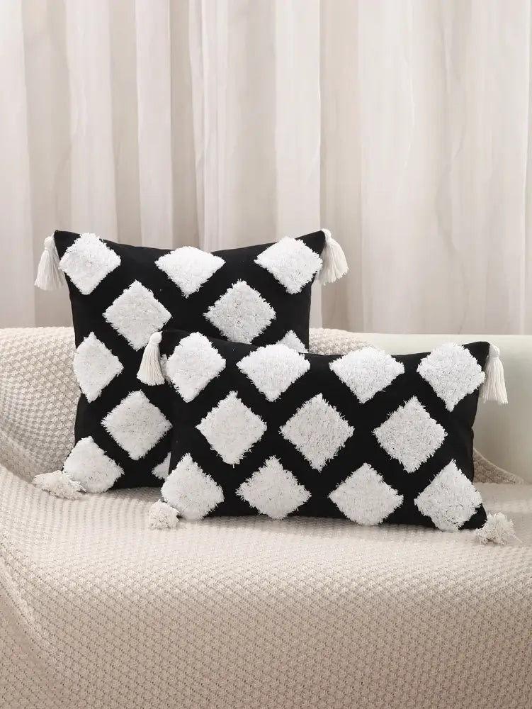 Black and white geometric chenille embroidered pillow covers with fluffy tassels for boho living room decorbites set