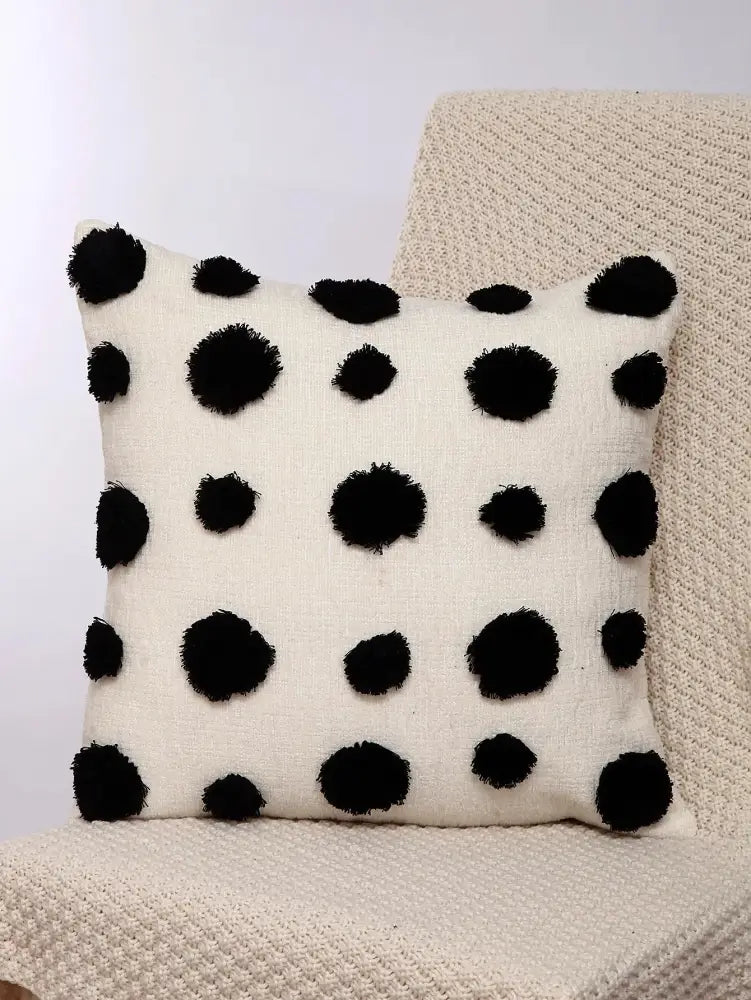 Cream-colored pillow cover with black pom-pom polka dots boho geometric chenille embroidered decorbites set