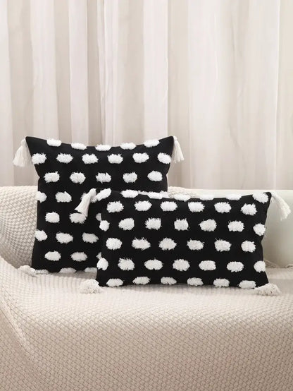 Black rectangular pillow cover with white pom-pom polka dots and tassels decorbites geometric chenille embroidered design