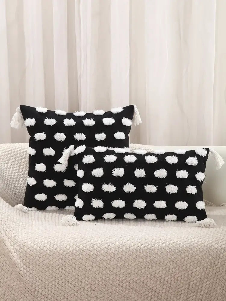 Black rectangular pillow cover with white pom-pom polka dots and tassels decorbites geometric chenille embroidered design