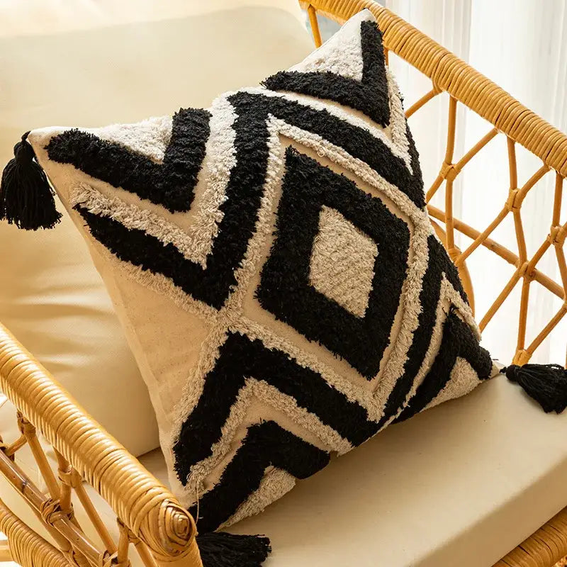Black and cream geometric chenille embroidered pillow cover with fringed tassels for boho living room decorbites decor