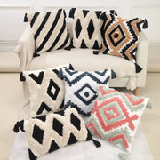 Set of six boho geometric chenille embroidered pillow covers with tassels in black white beige navy coral and sage green for decorbites