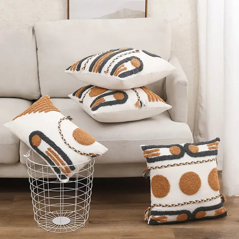 White throw pillows with tan and black textured decorbites geometric embroidered cotton cushion cover for living room decor