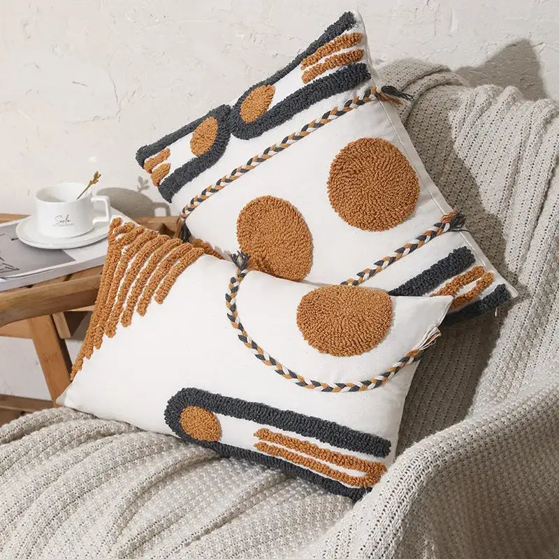 White throw cushion cover with tan and black decorbites geometric embroidered cotton patterns for living room decor