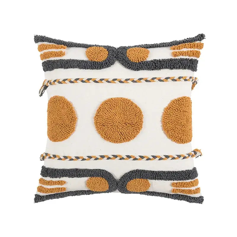 Cozy white cushion cover with mustard-yellow and dark gray tufts and braided rope trim for boho geometric embroidered cotton decorbites decor