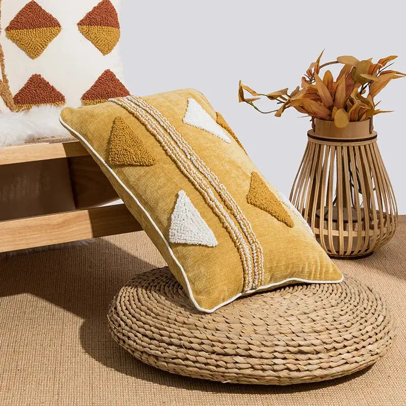 Mustard yellow cushion cover with textured triangular appliqués and cream woven trim for decorbites geometric embroidery boho decor