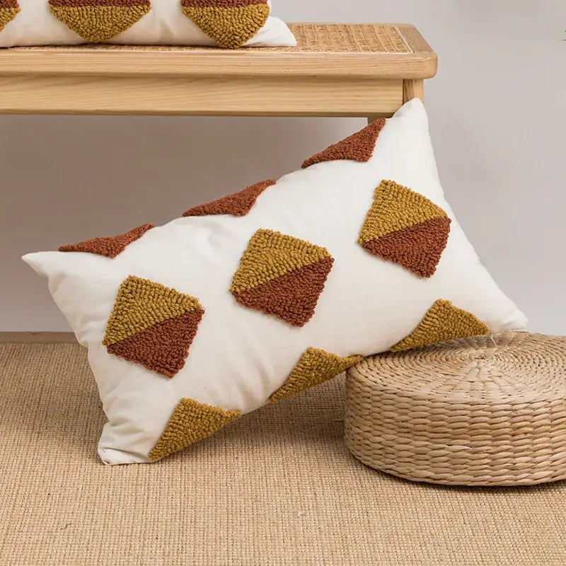 White pillow with mustard yellow and terracotta brown geometric embroidery boho cushion cover for living room decorbites