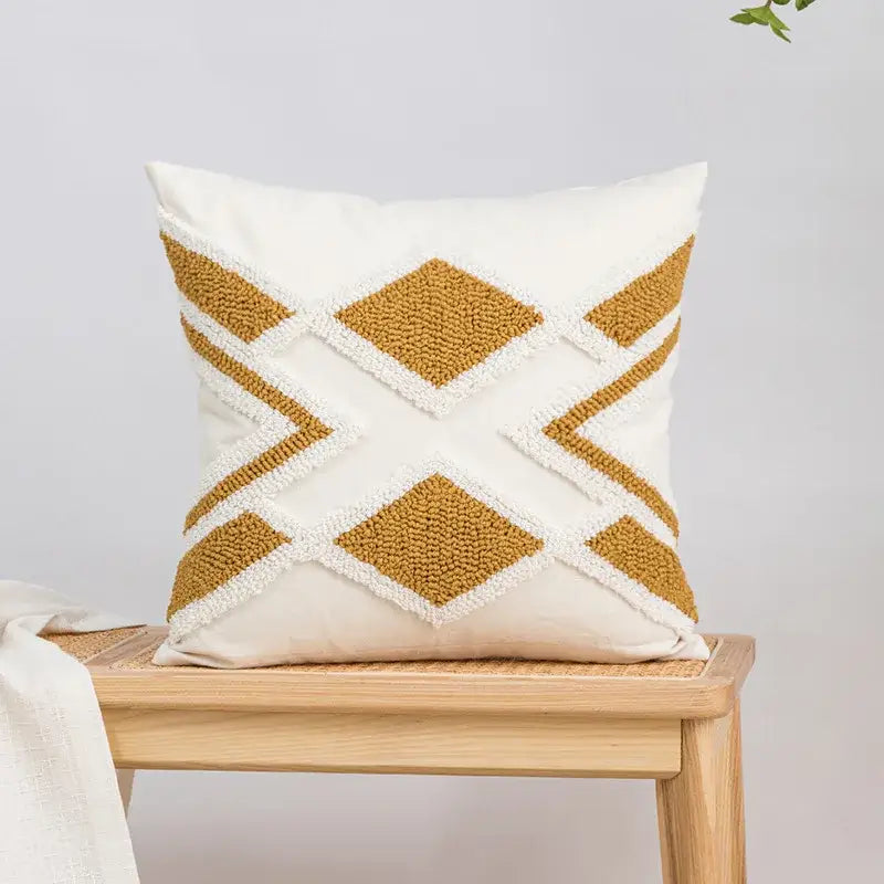 White throw pillow with mustard-yellow geometric embroidery and tufted pattern cushion cover for boho decorbites decor