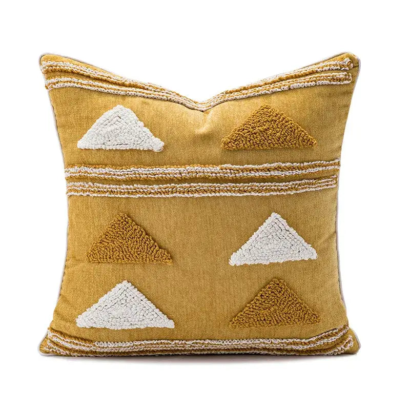 Mustard-yellow cushion cover with white and brown triangular geometric embroidery boho design for living room decorbites