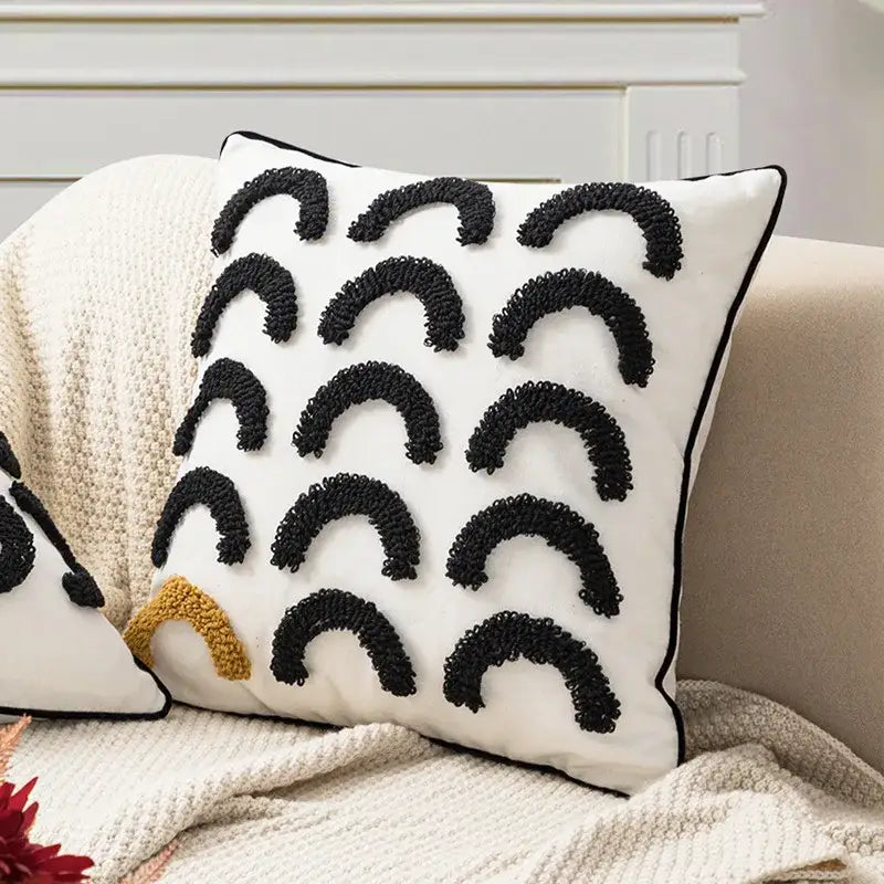 White throw pillow with black and mustard-yellow decorbites geometric embroidery boho cushion cover for living room decor