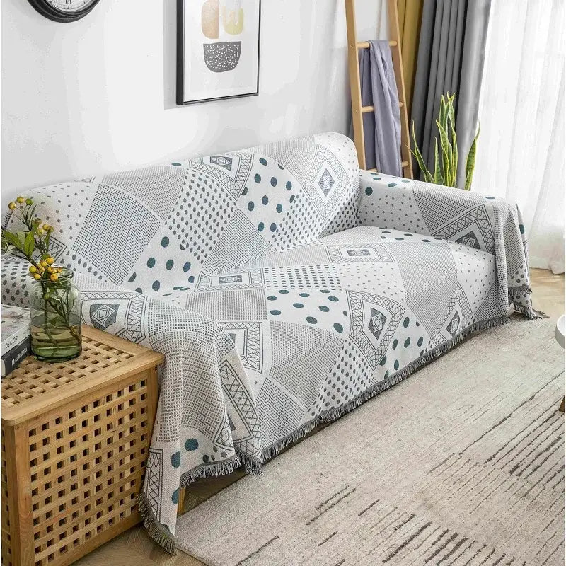 Gray and white geometric patterned throw blanket with fringed edges boho chenille woven living room cover decorbites boho chenille