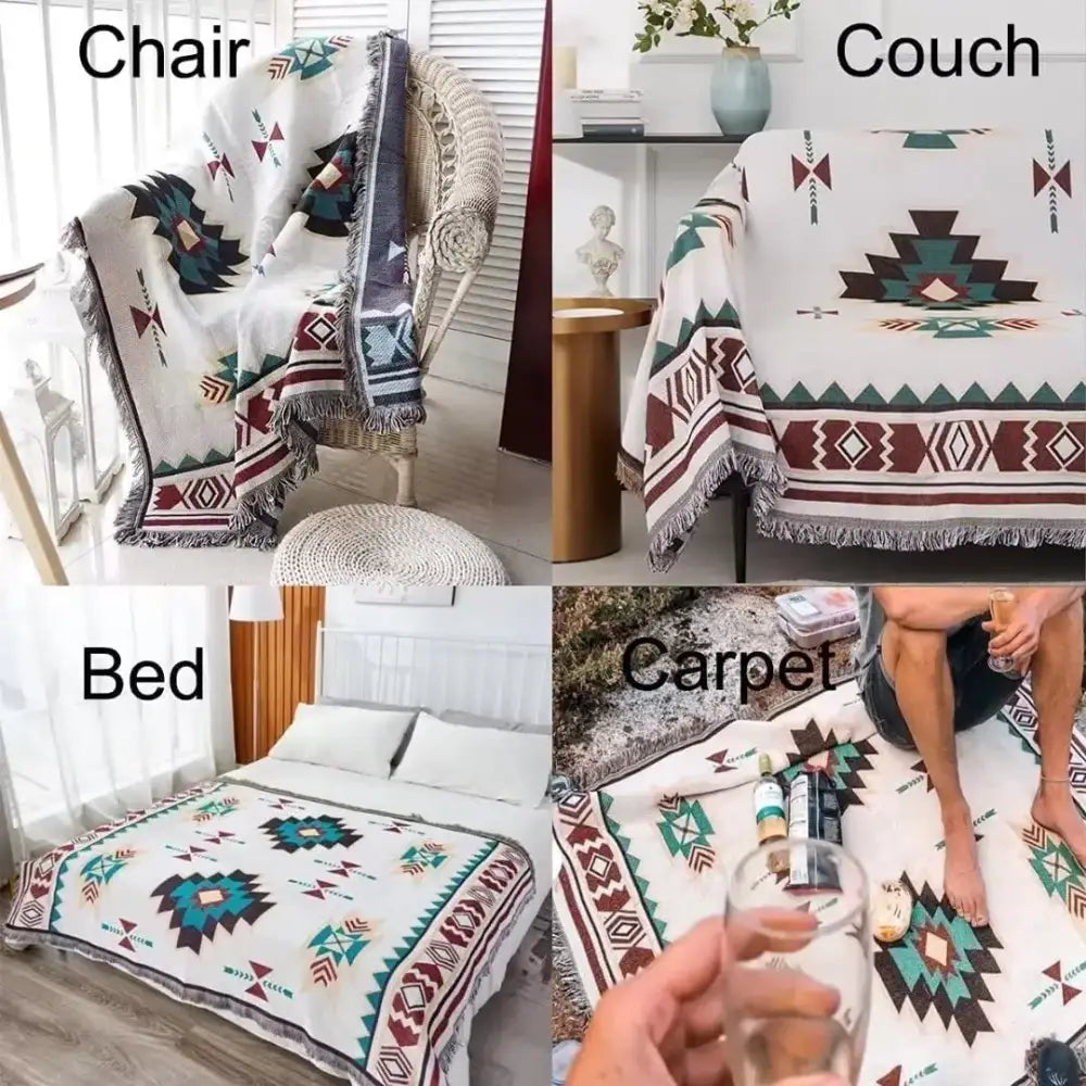 A cozy white throw blanket with teal maroon brown geometric tribal pattern and fringed edges decorbites boho chenille woven