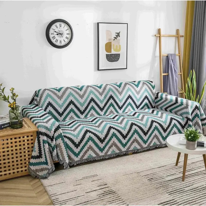 Boho chenille woven throw blanket with teal gray and black zigzag pattern and fringed edge for living room decorbites boho chenille