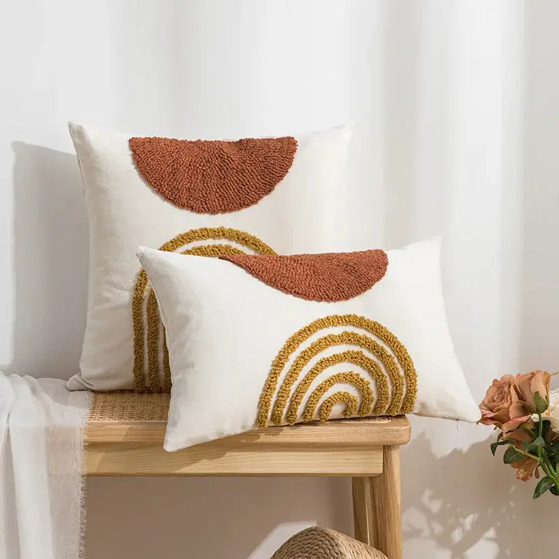 White throw pillow cushion cover with textured terracotta and mustard boho loop tuftet arch design for living room decorbites decor