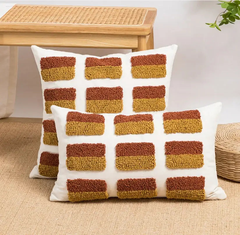 White throw pillows with boho loop tufted terracotta and mustard yellow blocks cushion cover for living room decorbites boho loop