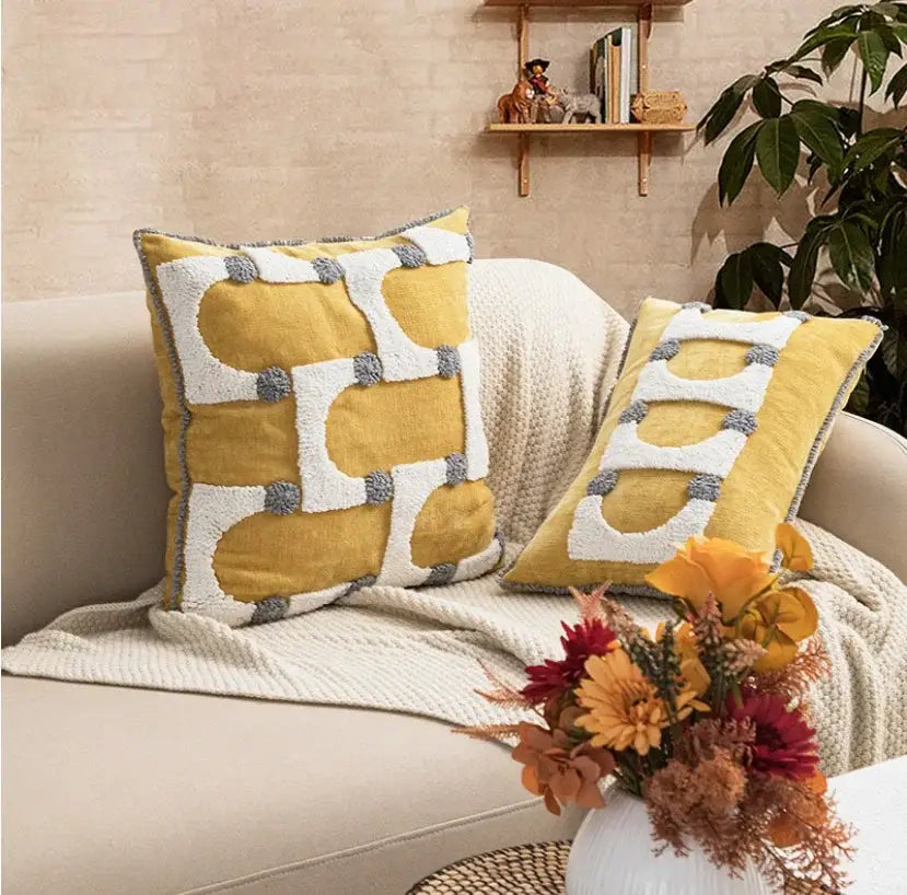 Yellow and white geometric cushion cover with textured boho loop tufte design for living room decorbites boho decor