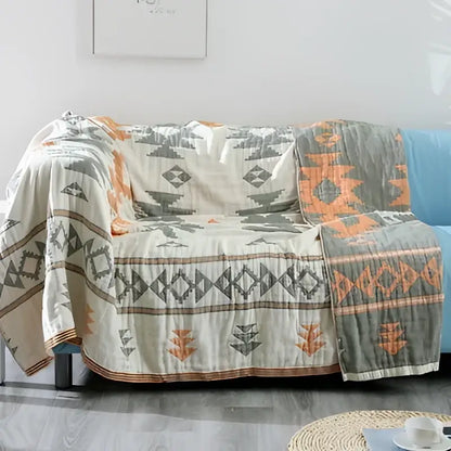 Beige and orange geometric-patterned decorbites boho cotton throw blanket for living room boho cotton sofa decor