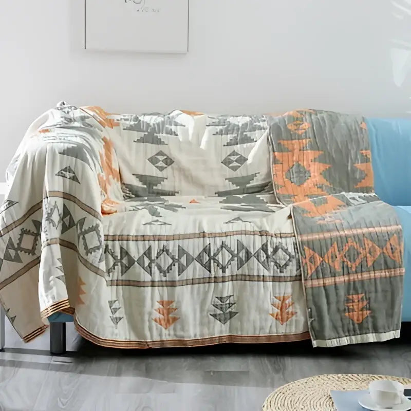 Beige and orange geometric-patterned decorbites boho cotton throw blanket for living room boho cotton sofa decor