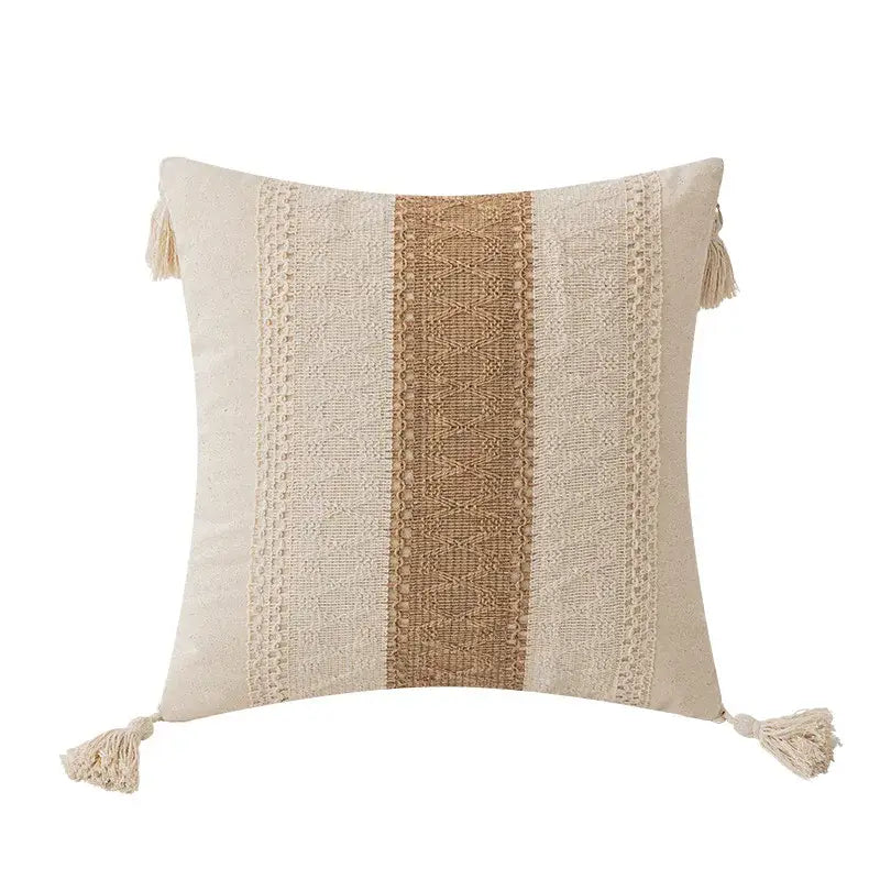 Beige and tan striped boho geometric tassel cushion cover with lace trim by decorbites for living room decor