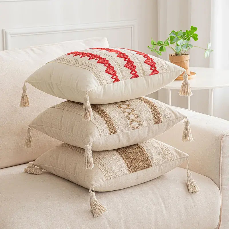 Stacked cream cushion cover with red and beige embroidered boho geometric tassel decorbites design for living room decor