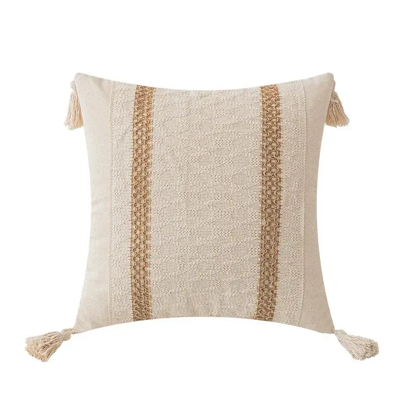 Beige square throw pillow with two vertical tan woven stripes and tassels for decorbites boho geometric cushion cover