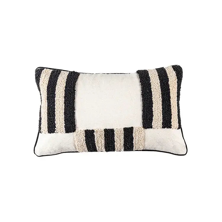 Black and cream striped rectangular cushion cover with textured tufted design for decorbites boho geometric decor