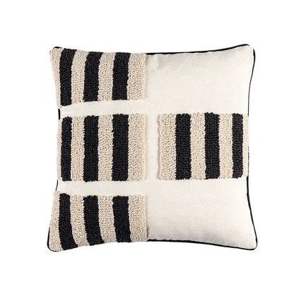 Black and cream striped woven cushion cover with chunky knit pattern boho geometric tufted decorbites living room decor