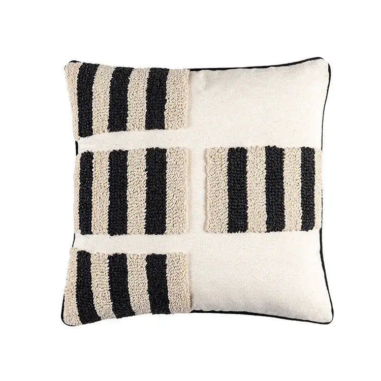 Black and cream striped woven cushion cover with chunky knit pattern boho geometric tufted decorbites living room decor