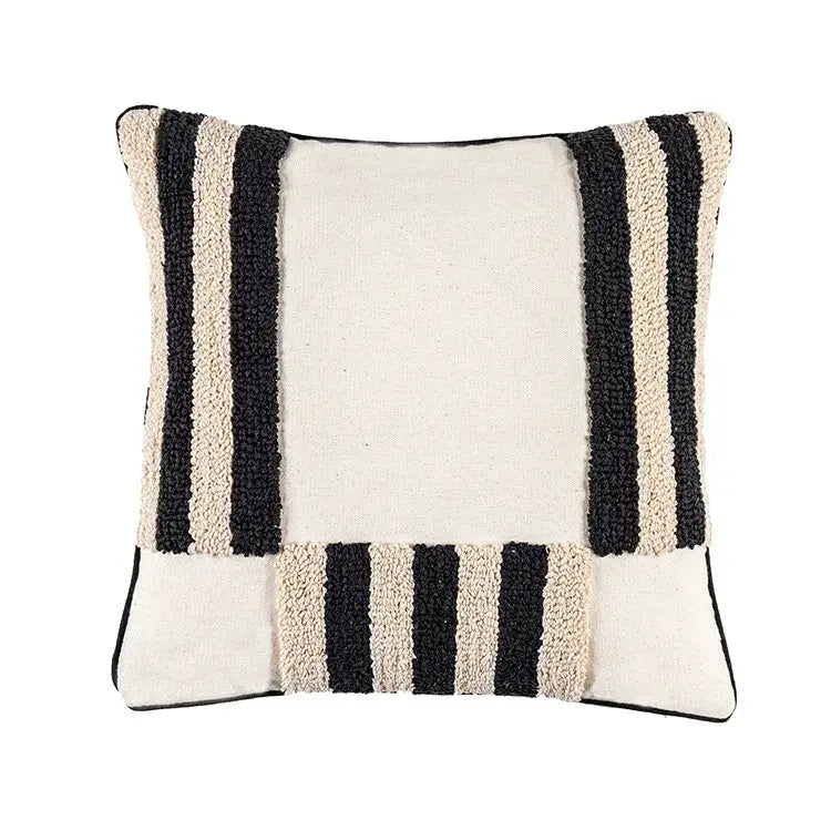 Black and cream striped textured throw pillow with chunky handcrafted knit boho geometric tufted cushion cover decorbites