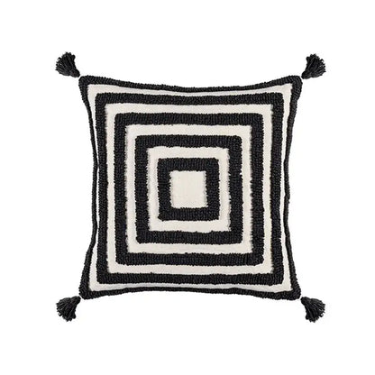 Black and white textured cushion cover with boho geometric tufted pattern and tassels for living room decorbites decor