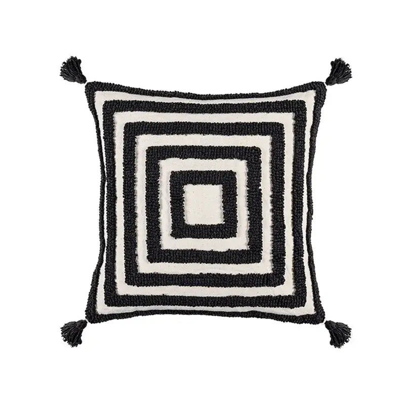Cream-colored boho geometric tufted cushion cover with black embroidery and tassels for living room decorbites decor