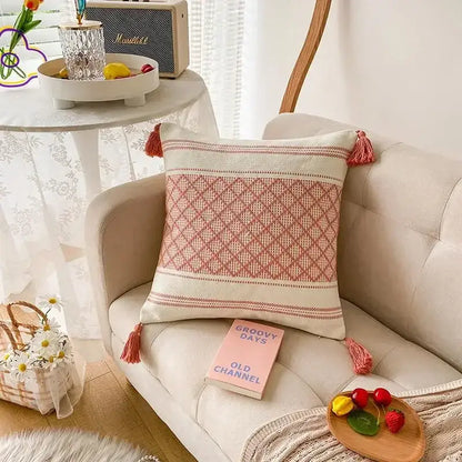 Soft cream cushion cover with woven pink diamond pattern and tassels decorbites boho geometric tufted pillow