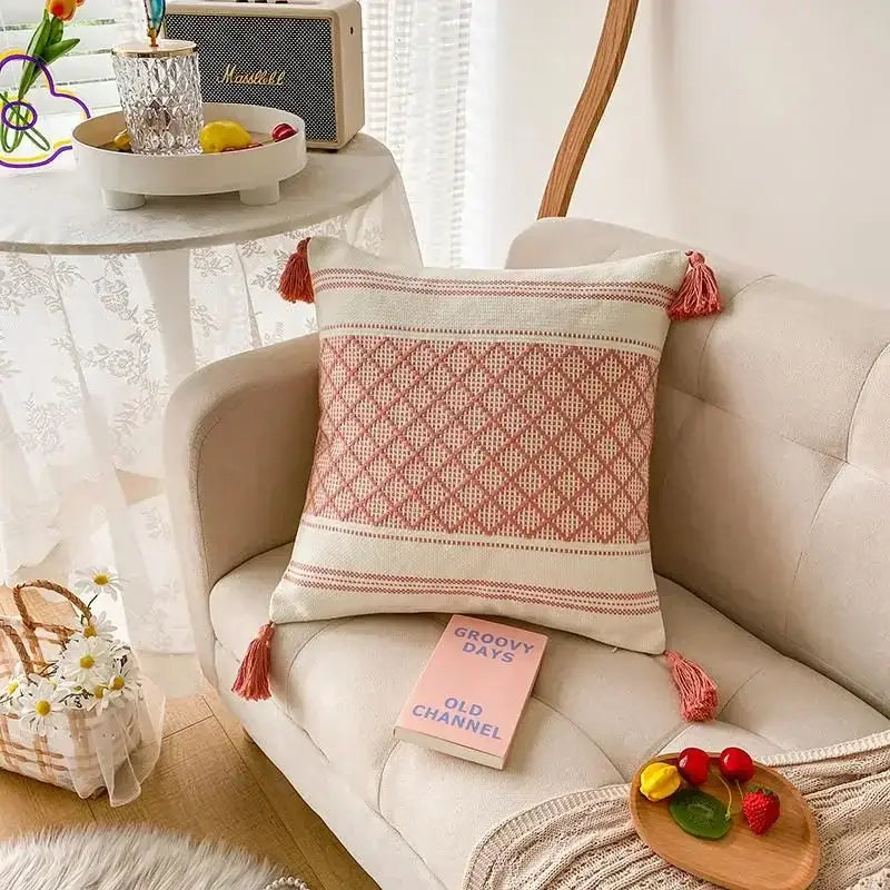Soft cream cushion cover with woven pink diamond pattern and tassels decorbites boho geometric tufted pillow