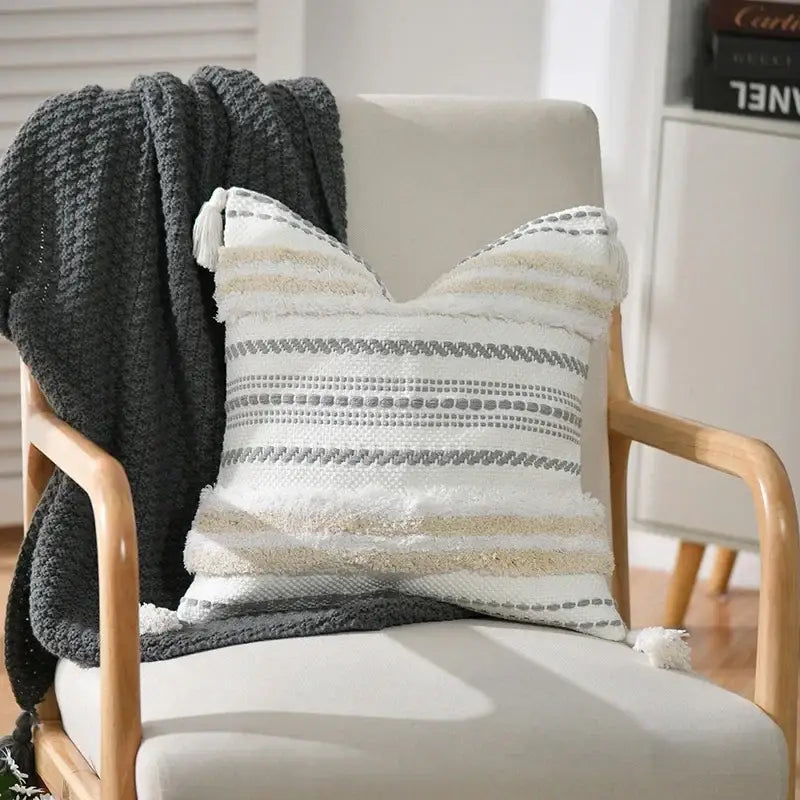 Boho geometric tufted cream and gray cushion cover with textured stripes and tassels for living room decorbites decor