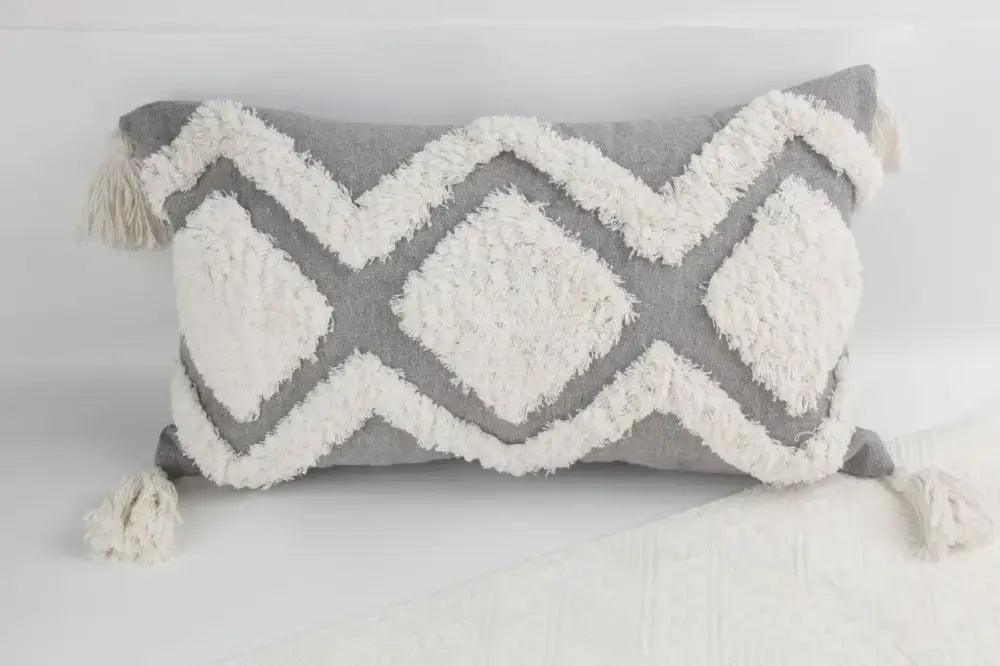 Gray and cream textured boho geometric tufted cushion cover with tassels for living room decorbites pillow decor