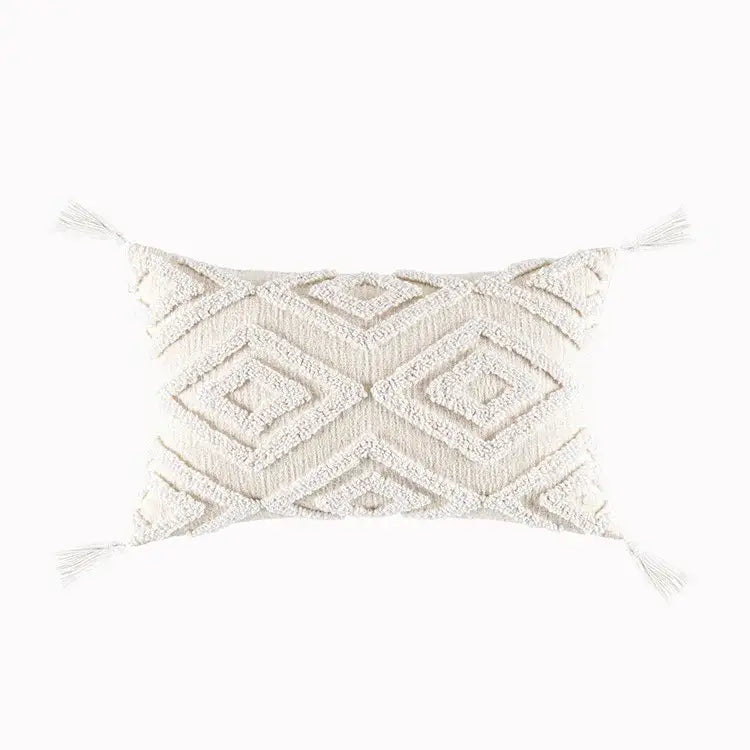 Cream-colored boho geometric tufted cushion cover with textured pattern and tassels for living room decorbites pillow