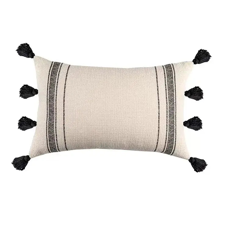 Beige rectangular cushion cover with black vertical stripes and tassels boho geometric tufted decorbites pillow cover